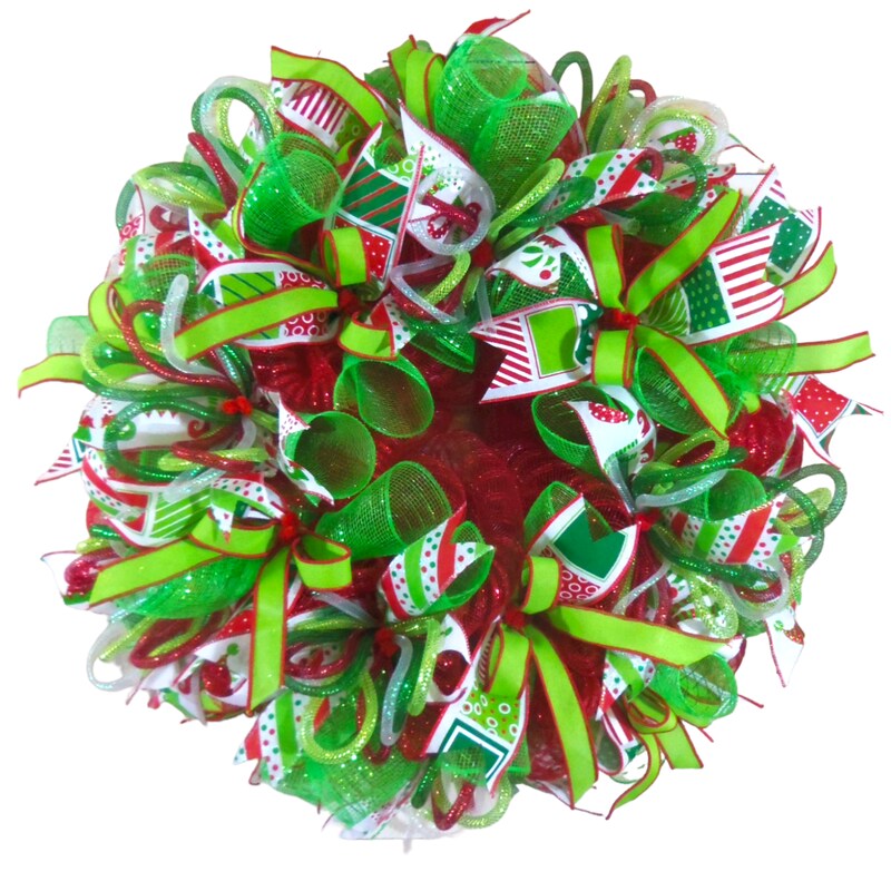 Whimiscal Christmas Wreath Holiday Home Decor Red Green Wired ribbons full 24"x24"x6"